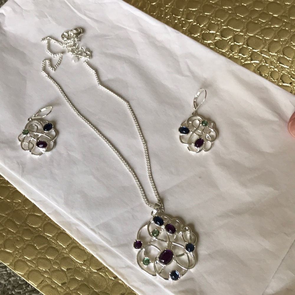 Silver tone necklace set, purple blue,green beads.